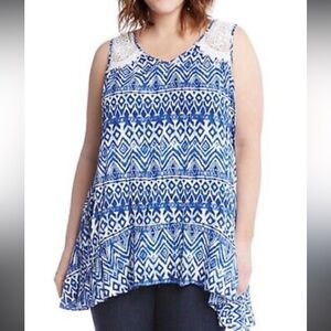 NWOT Karen Kane Plus Size Lace Yolk Top Sleeveless Blue Lightweight Rayon 1X